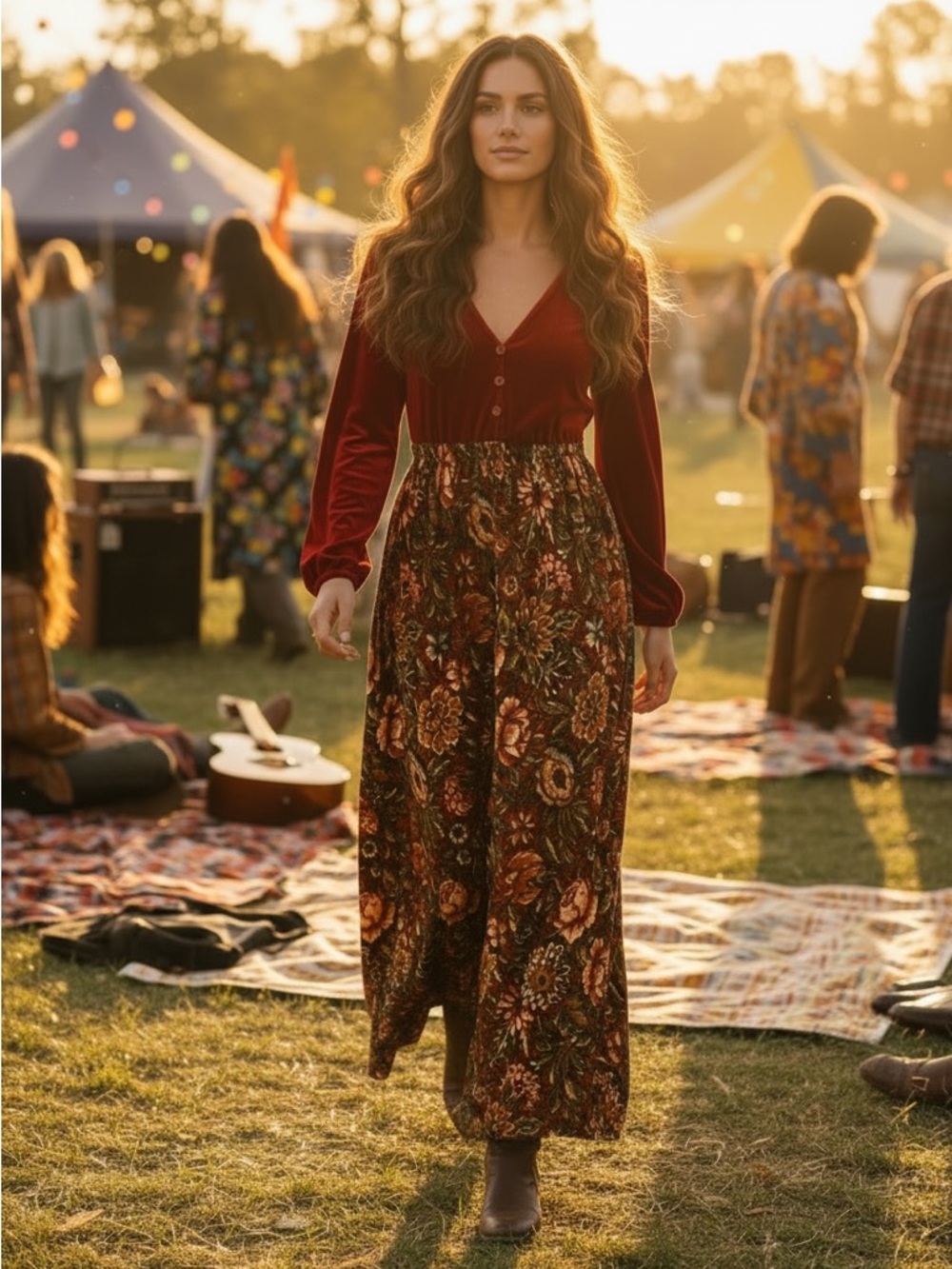 Authentic vintage 1970s maxi dress with rich floral tapestry-style skirt